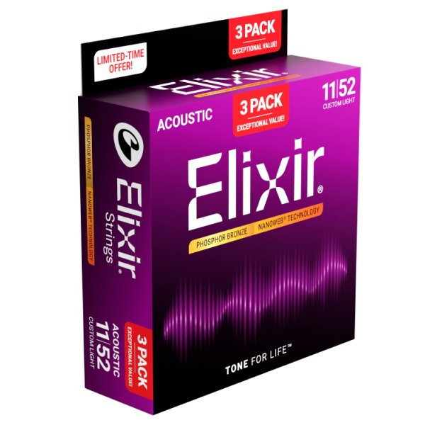 Elixir 16568 Nanoweb Phosphor Bronze 民謠木吉他弦 Custom Light 11–52 3包入 Custom Light 11–52 3包入