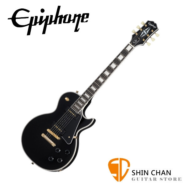 Epiphone Les Paul Custom P-90 Limited-Edition Ebony 限量版 黑金色 電吉他 搭載雙 P-90 Soapbar 拾音器,忠實重現復古搖滾與藍調的粗獷音色。以實心桃花心木琴身結合楓木面板,展現厚實延音與溫暖中頻,再加上黑檀木指板與高光漆面塗裝,無論外觀或音色都極具舞台魅力。 【獨家另贈吉他琴袋、導線、背帶、Pick】