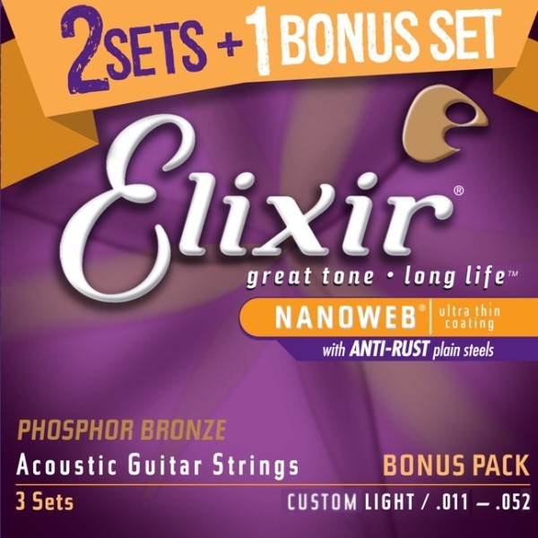 Elixir 頂級磷青銅民謠吉他弦- Nanoweb（16544）（11-52）三包裝【Elixir進口弦專賣店/木吉他弦】 