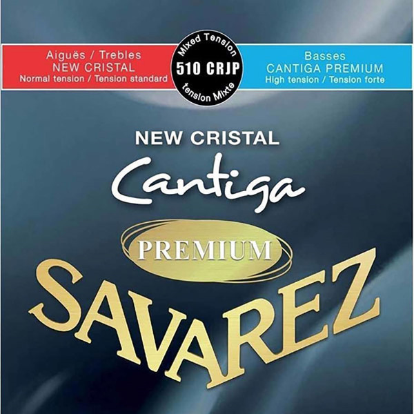 Savarez 510CRJP 中高張力 古典吉他弦 New Cristal Cantiga Premium 產品特色：
 
．第一、第二與第三弦採用高品質透明尼龍弦,命名為 NEW CRISTAL。
．此尼龍材質具備極佳聲學特性,音色豐富、優美且清晰。
．高音弦與 New Cristal Cantiga 套弦 中所使用者相同。
．低音弦 NEW CANTIGA PREMIUM 採用全新開發的原料製成。
．生產過程使用最新電腦控制技術與精密機械設備,確保製作精準度與穩定性。
