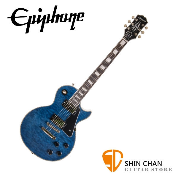 Epiphone Les Paul Custom Quilt Maple Top Viper Blue 限量版電吉他 蛇紋藍 以限量 Viper Blue 外觀與專業級拾音系統打造出兼具舞台氣勢與細膩音色的精品電吉他,不論是演出、錄音或收藏,都展現頂級質感與永恆魅力。【獨家另贈吉他琴袋、導線、背帶、Pick】