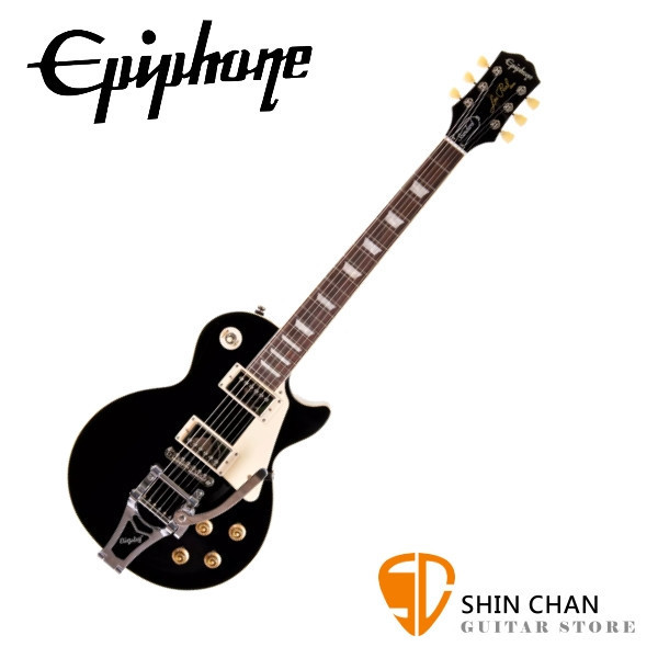 Epiphone Les Paul Standard 50's Bigsby 限量黑 大搖座 電吉他 以極高精度重現 1950 年代 Les Paul 標準款的經典手感與音色。琴身採用實心桃花心木結合 AAA 虎紋楓木面板,厚實飽滿、延音豐富。【獨家另贈吉他琴袋、導線、背帶、Pick】