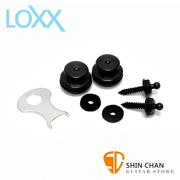 Loxx 電吉他/電貝斯 安全背帶扣 鍍鉻消光黑 LOXX-E-CHROME-BK 德國製 配件：
．釘釦 *2
．不銹鋼專用螺絲（16mm）*2
．纖絨毛氈 *2
．專用安裝工具 *1