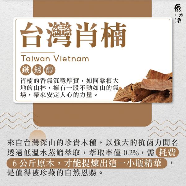原木香台灣肖楠精油 (3-10ml/瓶)香氣濃郁渾厚霸道 精油香氣超出原木十倍濃 安定感與威壓感兼具的台灣國寶 產地台灣 肖楠 梢楠 木質調 大地氣息 COA認證 單方精油 純精油 純天然 薰香 擴香 泡澡 調和 調香 居家芳香 除臭 除異味 淨化空氣 安定情緒 舒緩身心 消除疲勞 解壓 舒壓 放鬆 療癒 心靈平和 