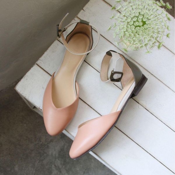 【接單手工製】寬腳版可穿，配色腳踝帶真皮便鞋 