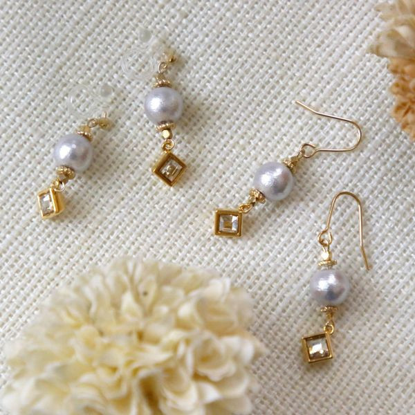 【現貨_日本手做飾品】棉珍珠＋水晶石耳環／無耳洞耳環（淡紫色） 