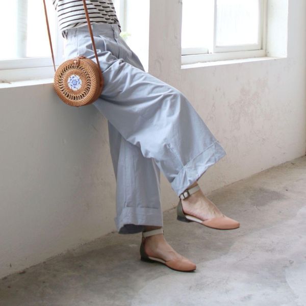 【接單手工製】寬腳版可穿，配色腳踝帶真皮便鞋 