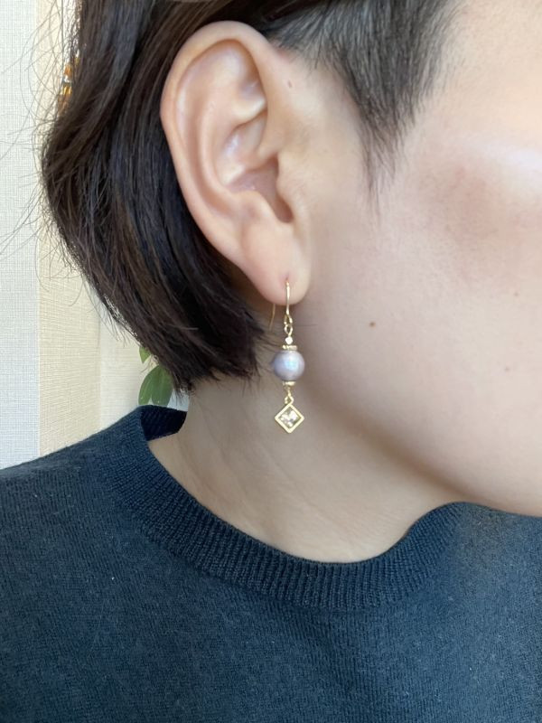 【現貨_日本手做飾品】棉珍珠＋水晶石耳環／無耳洞耳環（淡紫色） 