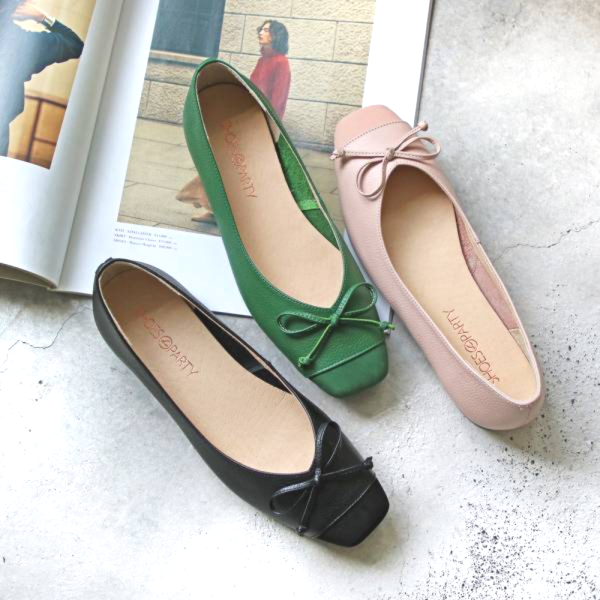 【現貨】拼接設計小方頭真皮芭蕾舞鞋 