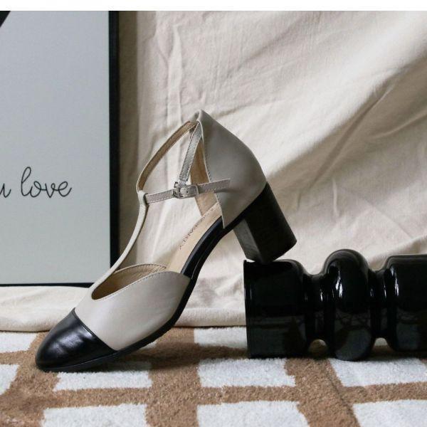 【試穿鞋福利】寬腳版友善拼接T字安定跟鞋 