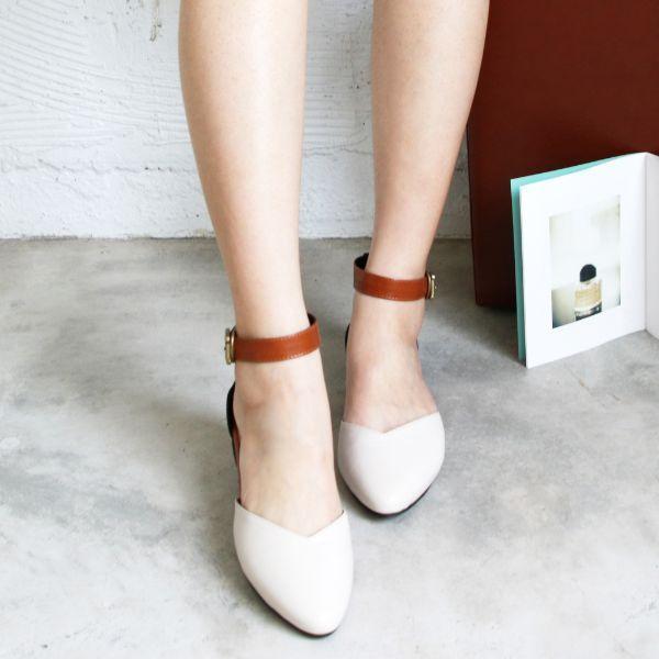 【接單手工製】寬腳版可穿，配色腳踝帶真皮便鞋 