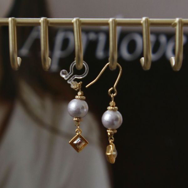 【現貨_日本手做飾品】棉珍珠＋水晶石耳環／無耳洞耳環（淡紫色） 