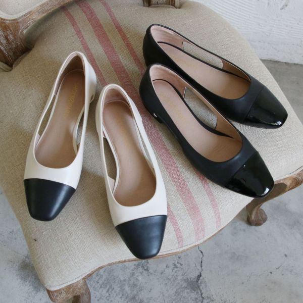 【現貨】 世界系列_優雅感拼接鏤空方頭便鞋 