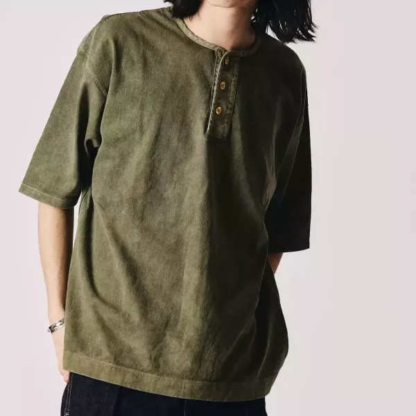 Barns Outfitters - Pigment Dyed “BIGCOZUN” WIDE HENRY TEE (OLIVE) Barns Outfitters,亨利領