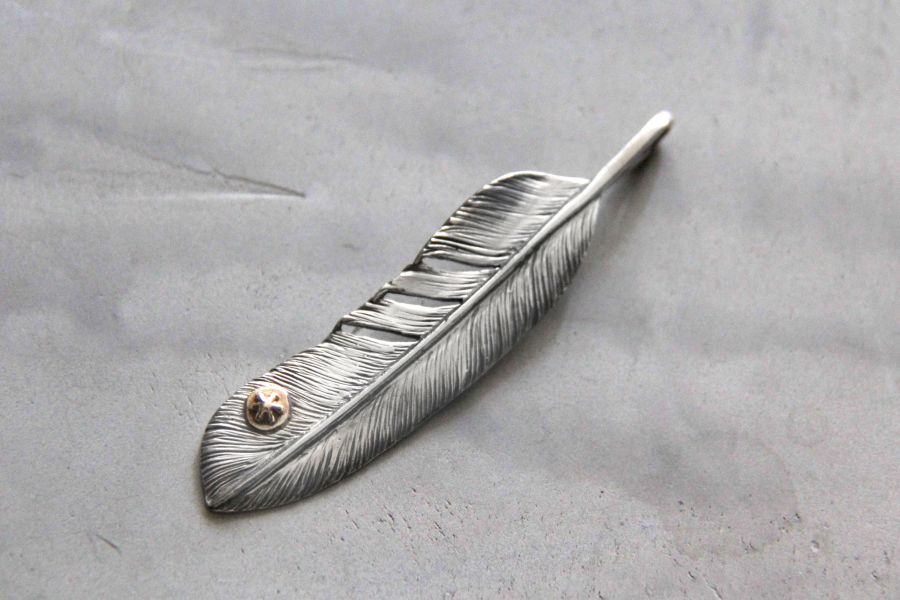 KinG Smith - 14K點金大羽/左向/現貨 大羽,King smith,handmade,手作,銀羽,風切羽,銀菊,先金,點金,綠松石,可訂製,印地安銀飾,台南,老派,mr old