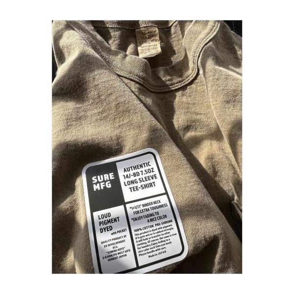 SURE'S LONG SLEEVE T-SHIRT (OCHER) XX DEVELOPMENT,日本製,名古屋獨立服裝廠,
Pigment Dye 染色,薄長袖,秋冬穿搭