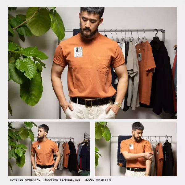 SURE'S POCKET TEE/UMBER 日本製,名古屋獨立服裝廠,白t,圓筒衣身,不易變形短t,丹寧,Pigment Dye染,