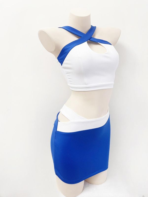 彈力緊身包臀藍白拼接兩件式中空賽車服 彈力緊身包臀藍白拼接兩件式中空賽車服賽車服裝 車模服 展場服裝 筱雅衣舖【BT88】