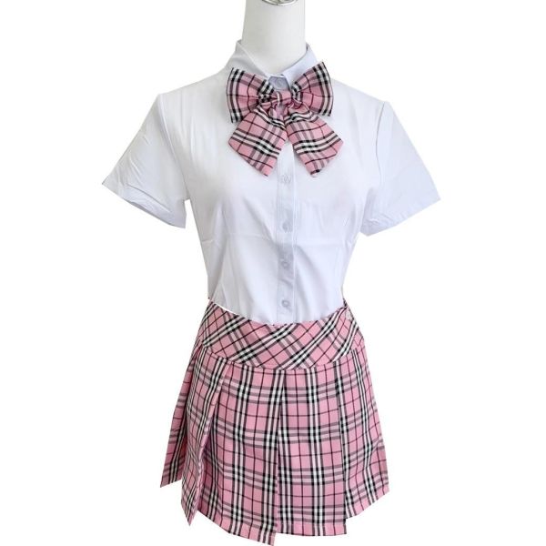 日系經典粉格蝴蝶結學院風制服 日系蘇格蘭百褶裙學生服 經典蝴蝶結學院風制服 JK制服 筱雅衣舖【BT900】桃園制服 學生制服