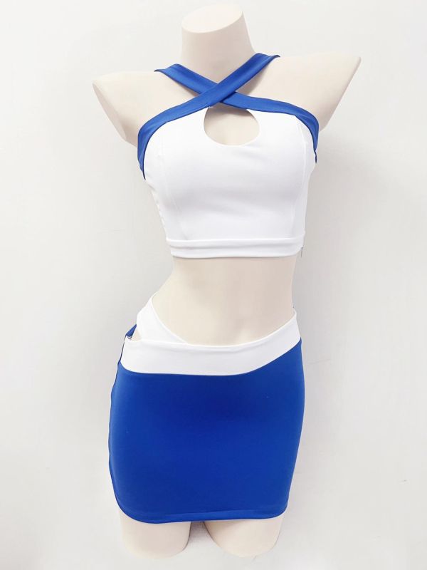 彈力緊身包臀藍白拼接兩件式中空賽車服 彈力緊身包臀藍白拼接兩件式中空賽車服賽車服裝 車模服 展場服裝 筱雅衣舖【BT88】