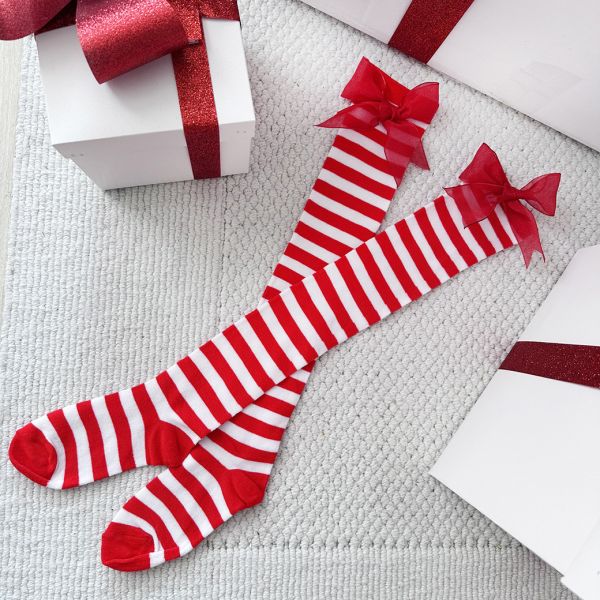 蝴蝶結白蕾絲膝上網襪 聖誕小禮服專屬紅蝴蝶結白蕾絲膝上網襪 膝上襪 筱雅衣舖【A19】