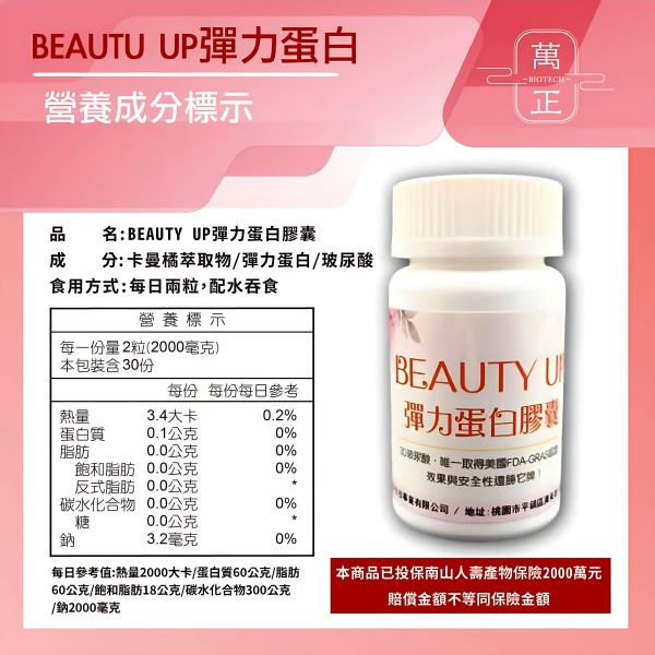 BEAUTY UP彈力蛋白膠囊  多效合一  食用膠原白宜調要再加上彈力蛋白才真正有效 