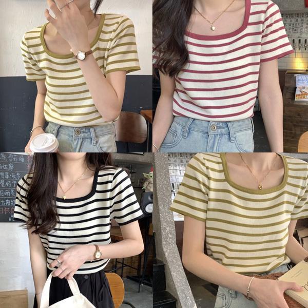 ALORA 方領橫條針織上衣 