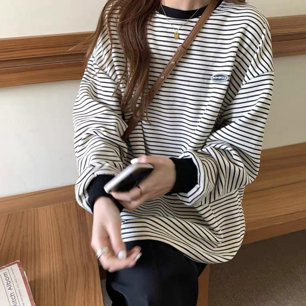 ALORA 字母布標橫條紋長T 