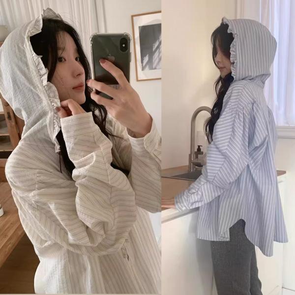 ALORA 直條紋荷葉滾邊襯衫外套 