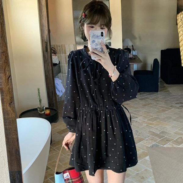 ALORA 圓點點縮腰綁帶洋裝 
