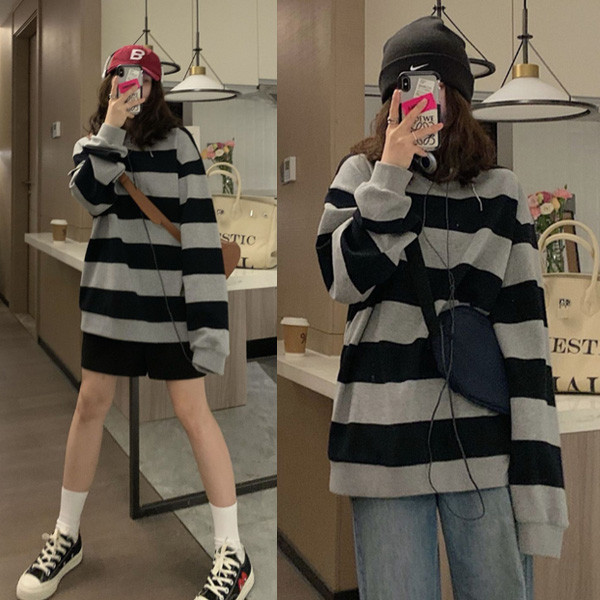 ALORA 校園style黑灰寬條長T 