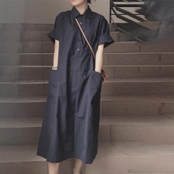 ALORA 隨興插口袋排扣襯衫洋裝 