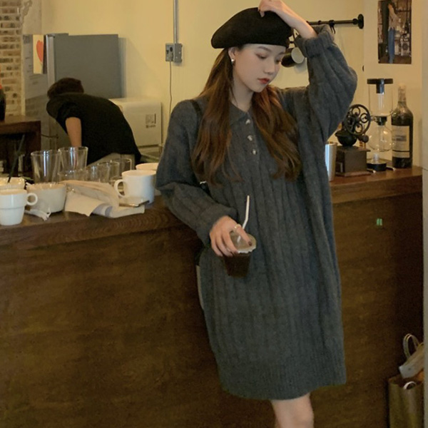 ALORA 直坑條翻領針織洋裝 