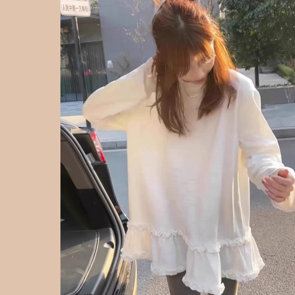 ALORA 下擺木耳滾邊白長T 