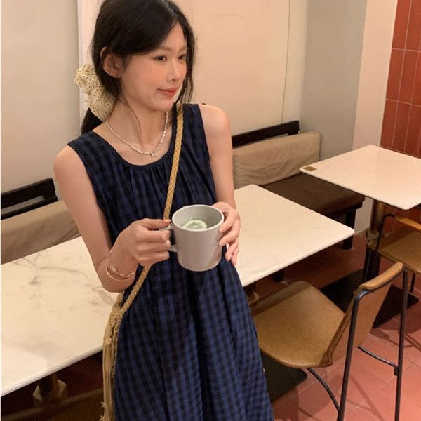 ALORA 撞色藍黑格子無袖洋裝 