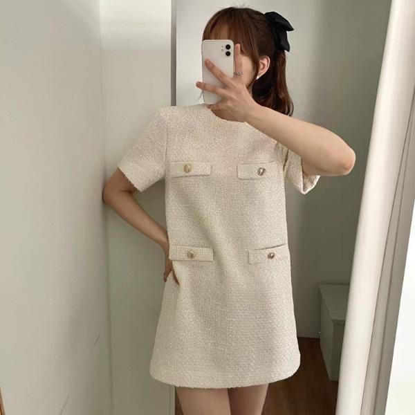 ALORA 小香風假口袋粗尼洋裝 
