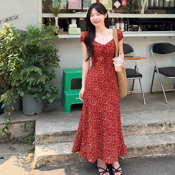 ALORA 豔陽風情紅色碎花洋裝 