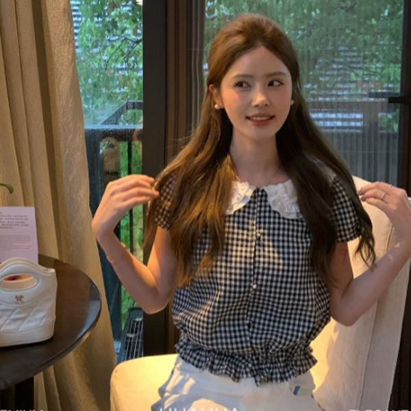 ALORA 甜美佳人黑白格翻領襯衫 