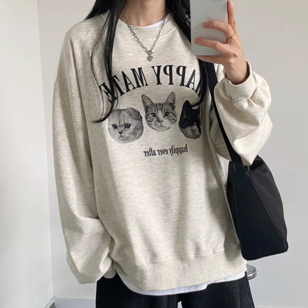 ALORA 三隻貓咪頭印花加絨衛衣 