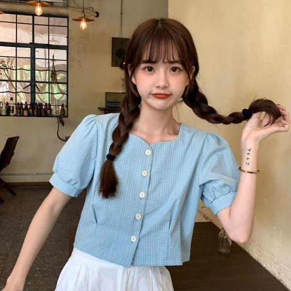 ALORA 小清新格子大扣子上衣 