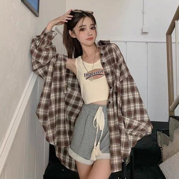 ALORA 摩卡配色格紋長袖襯衫 