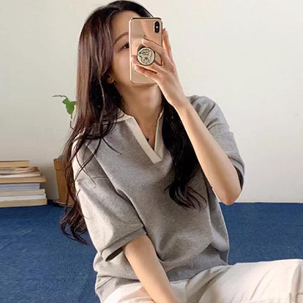 ALORA 歐膩質感撞色POLO領上衣 