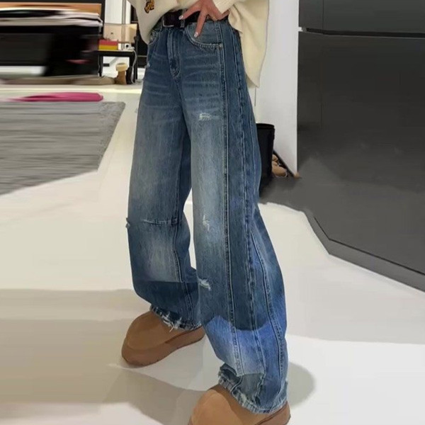 ALORA 側邊立體裁線破洞牛仔褲 