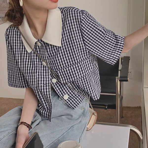 ALORA 大扣子格紋翻領襯衫外套 