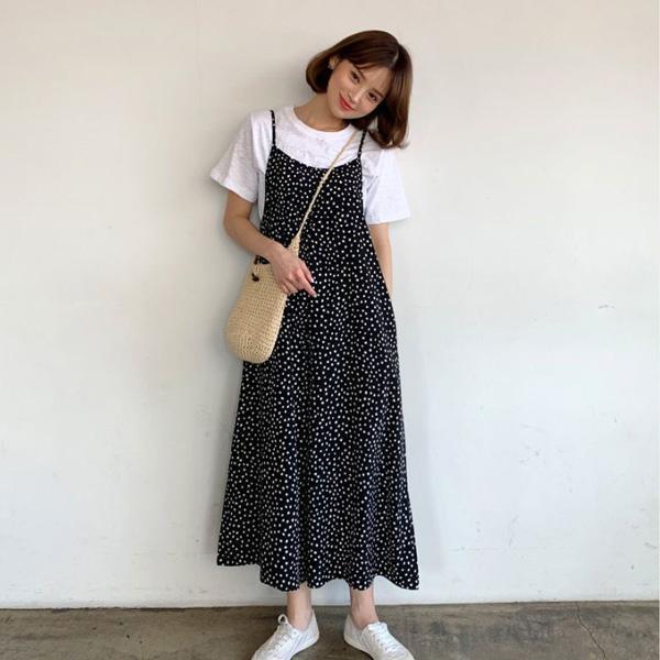 ALORA 黑白點點連身褲兩件式套裝 