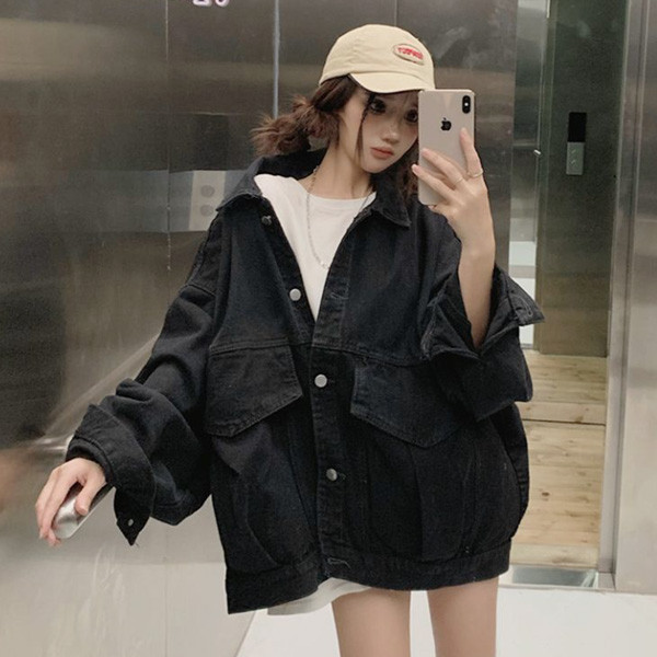 ALORA 個性黑大口袋牛仔外套 
