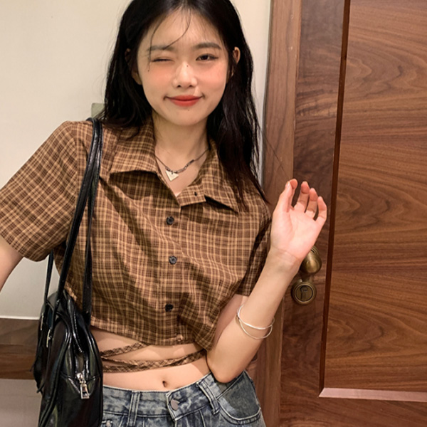 ALORA 復古格子綁腰襯衫 