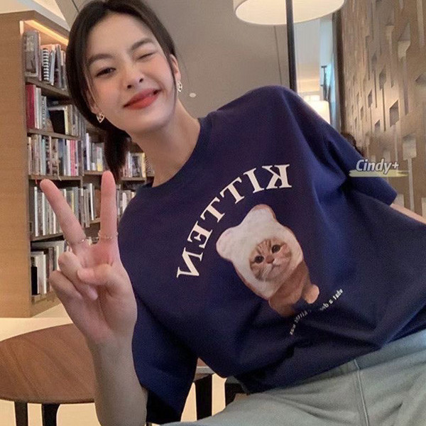 ALORA 吐司貓咪頭印花短T 