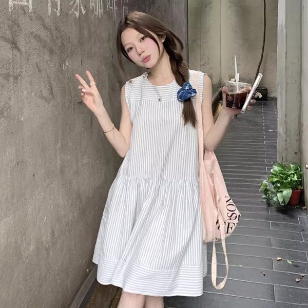 ALORA 橫條直條無袖背心洋裝 