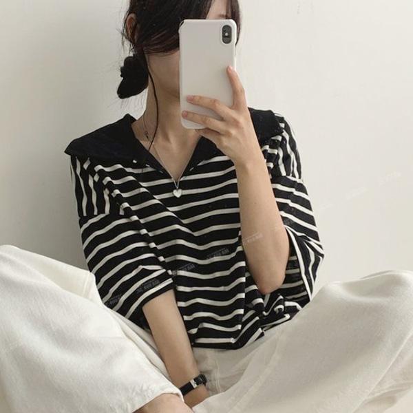 ALORA 翻領橫條紋短T 